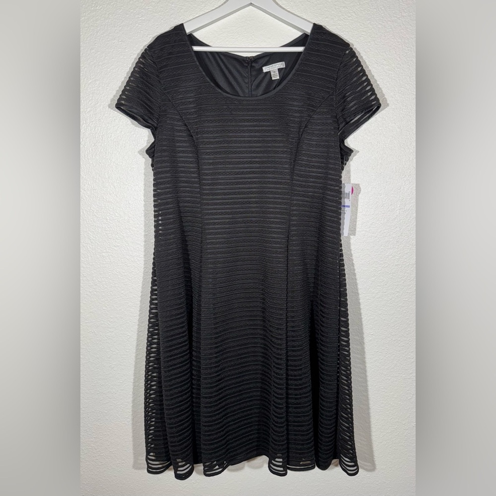 London Style Black Fit and Flare Dress with Textured Mesh Stripe